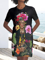 Load image into Gallery viewer, Black Floral Printed Pockets Short Sleeve Casual T-shirt Dresses
