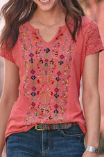 Load image into Gallery viewer, Blouse red cotton blend round neck casual
