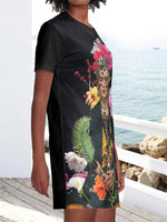 Load image into Gallery viewer, Black Floral Printed Pockets Short Sleeve Casual T-shirt Dresses
