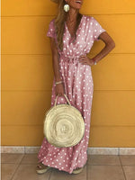 Cargar imagen en el visor de la galería, Bohemia V-Neck Polka Dot Elastic Waist Maxi Dress
