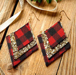 Load image into Gallery viewer, 3 Layered Sequin Plaid Leather Earrings
