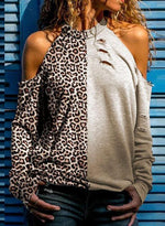 Load image into Gallery viewer, Animal Print Patchwork Cold Shoulder Long Sleeves Casual Knit Blouses
