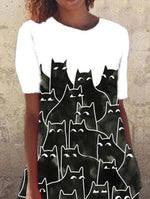 Cargar imagen en el visor de la galería, Black Crew Neck Short Sleeve Animal A-Line Dresses
