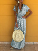 Cargar imagen en el visor de la galería, Bohemia V-Neck Polka Dot Elastic Waist Maxi Dress
