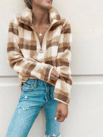 Load image into Gallery viewer, Band Collar Zipper Gingham Plaid Sweater/Sweatshirt
